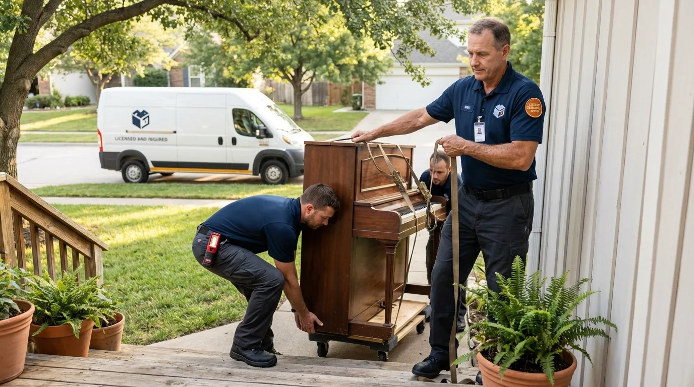 Licensed piano movers securing grand piano in Great Falls, SC