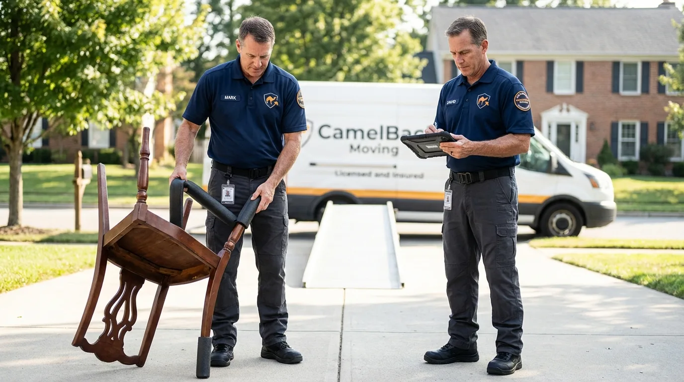 Movers inspecting furniture for damage prevention before loading in Great Falls, SC