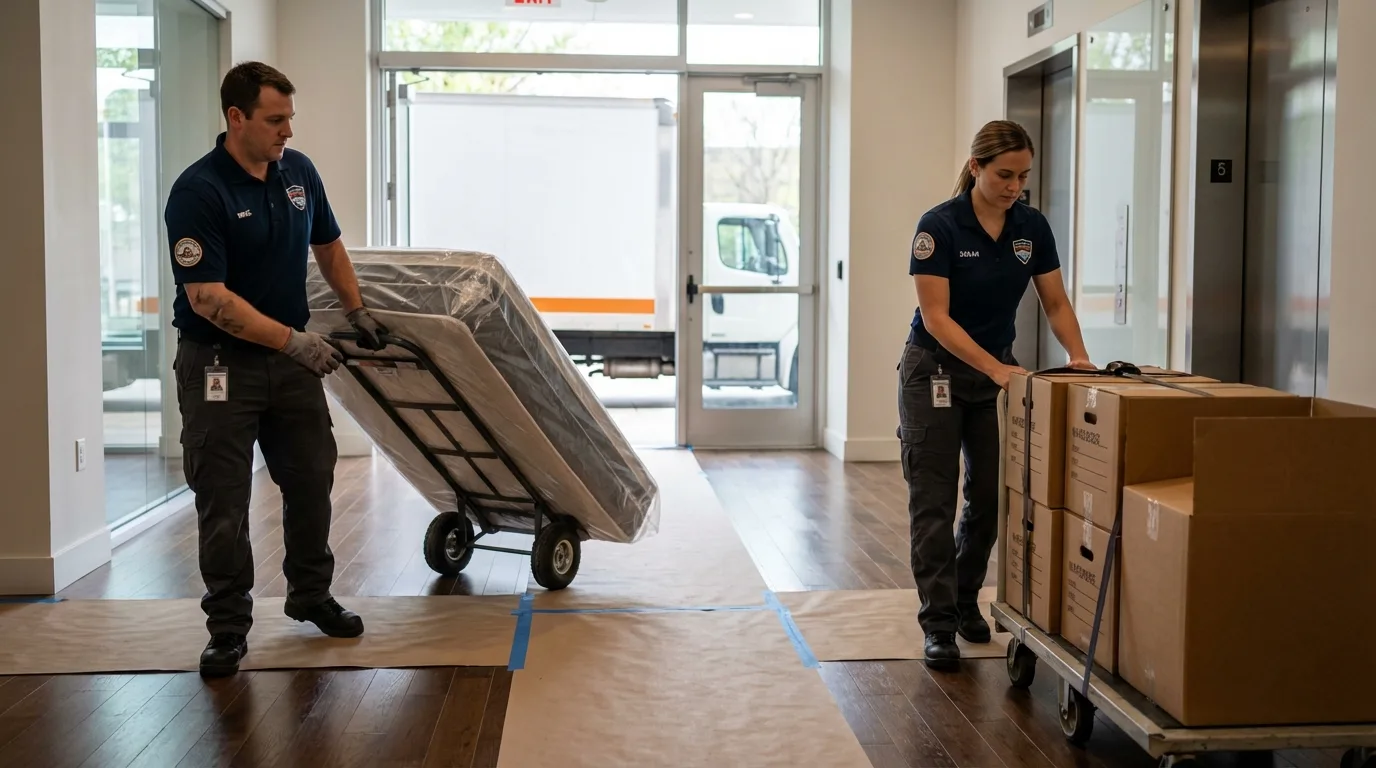 Professional apartment movers loading elevator in Great Falls, SC