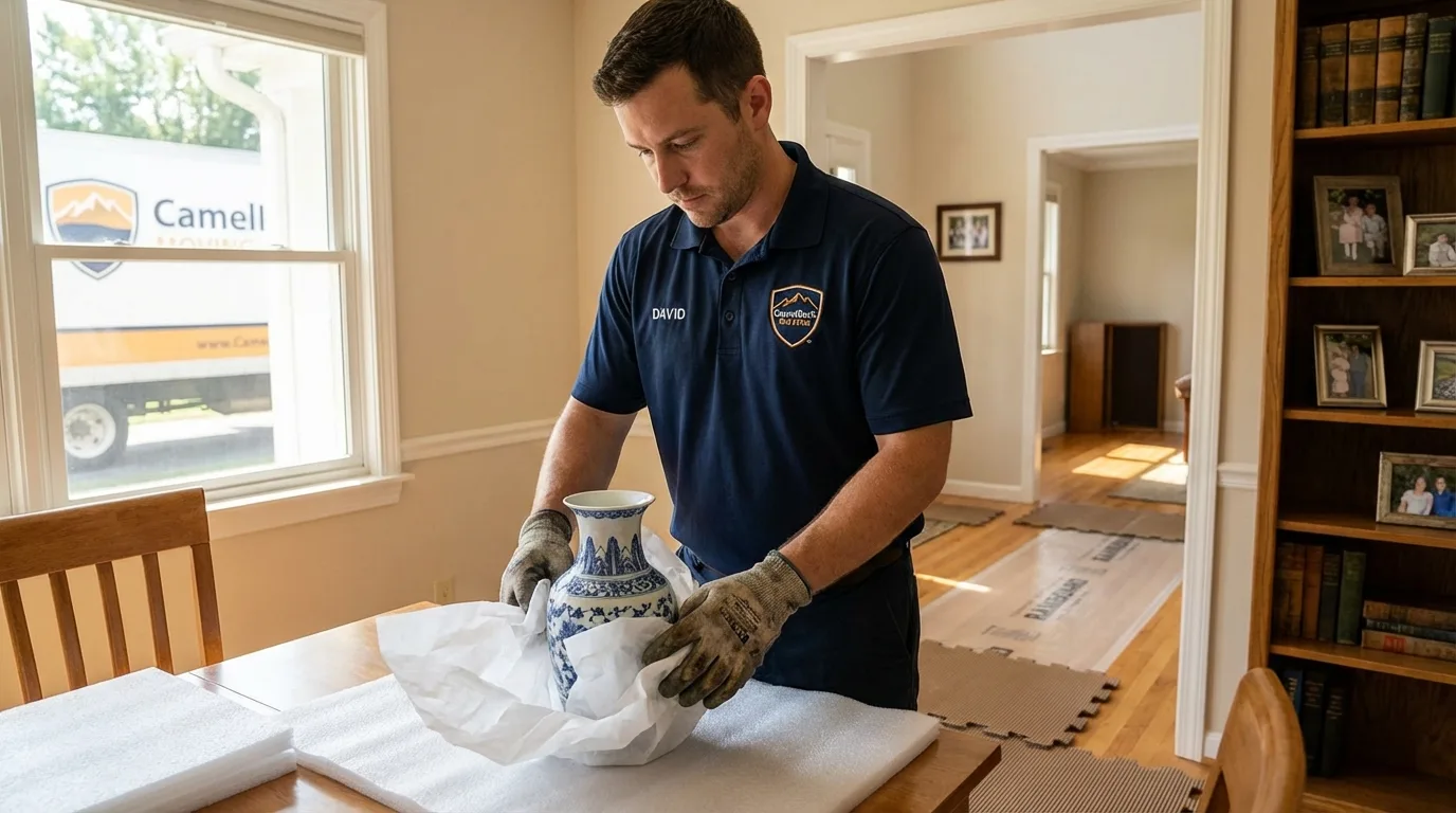 Professional crew carefully wrapping antique vase for senior downsizing move in Great Falls, SC